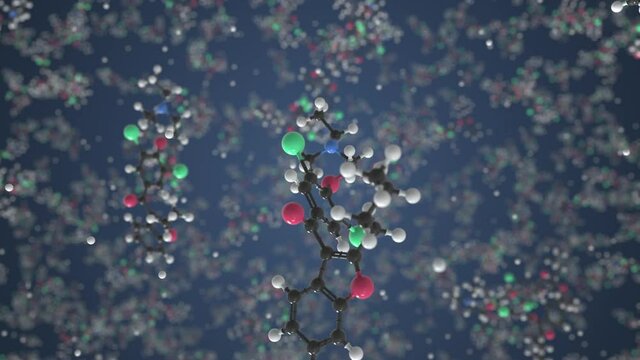 Molecule of Amiodarone. Molecular model, looping seamless 3d animation