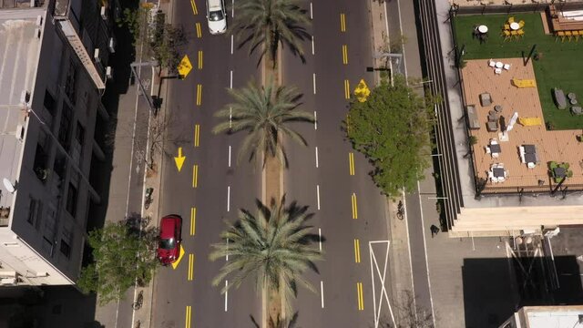 Road with Palm trees aerial top down view, Tel Aviv
drone view over empty street in Coronavirus Lockdown, Israel 2020
