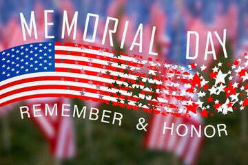 Memorial Day. The inscription on the background of American flags - obrazy, fototapety, plakaty