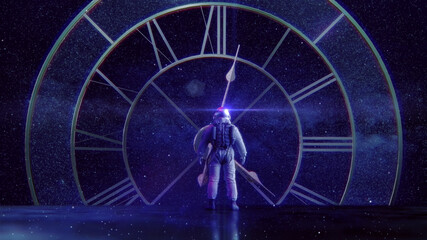 "Mensch, Kosmos, Zeit & Ewigkeit"   Raumzeit Konzept: Astronaut blickt auf kosmische Uhr vor Sternenhimmel   3D Render Illustration 8K © Jacqueline Weber