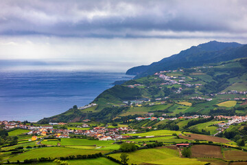 Fototapeta na wymiar Panoramic Aerial View of Povoacao in Sao Miguel, Azores Islands. Povoacao is a municipality located in the southeastern corner of the island of Sao Miguel in the Portuguese archipelago of the Azores.