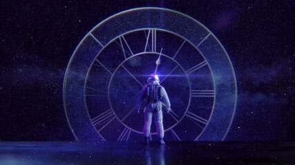 "Mensch, Kosmos, Zeit & Ewigkeit"   Raumzeit Konzept: Astronaut blickt auf kosmische Uhr vor Sternenhimmel   3D Render Illustration 8K © Jacqueline Weber