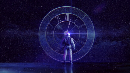 "Mensch, Kosmos, Zeit & Ewigkeit"   Raumzeit Konzept: Astronaut blickt auf kosmische Uhr vor Sternenhimmel   3D Render Illustration 8K © Jacqueline Weber