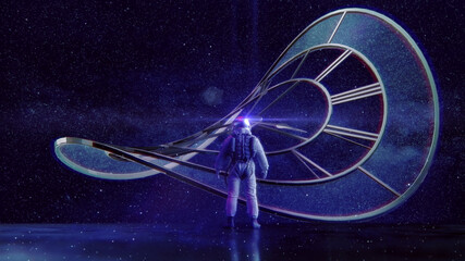 "Mensch, Kosmos, Zeit & Ewigkeit"   Raumzeit Konzept: Astronaut blickt auf kosmische Uhr vor Sternenhimmel   3D Render Illustration 8K © Jacqueline Weber