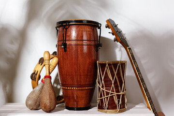 Composition of musical ethnic instrument. Maracas, tambourine, conga and ethnic drum. Percussion rhytm instruments