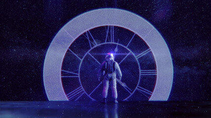 "Mensch, Kosmos, Zeit & Ewigkeit"   Raumzeit Konzept: Astronaut blickt auf kosmische Uhr vor Sternenhimmel   3D Render Illustration 8K © Jacqueline Weber