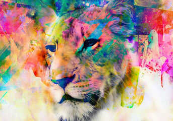 grunge background with graffiti and painted lion  - obrazy, fototapety, plakaty