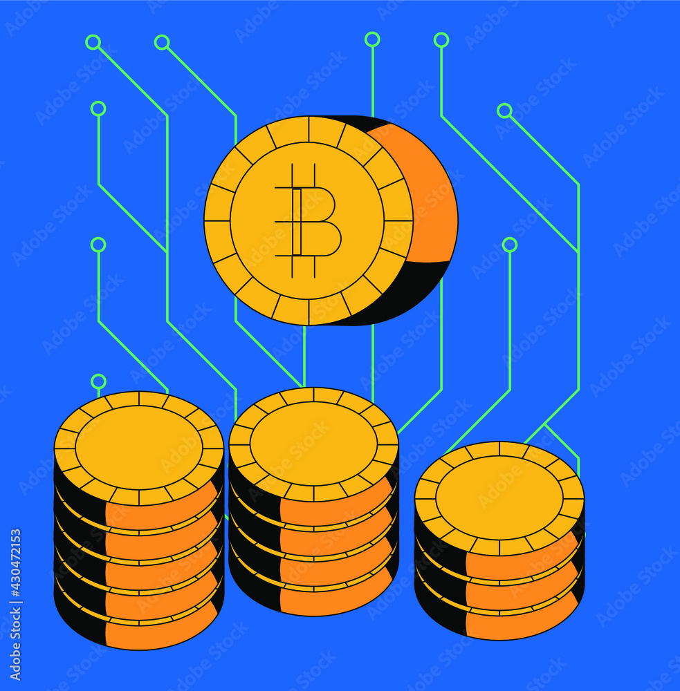 Poster bitcoin coins and electronic scheme in cartoon style.