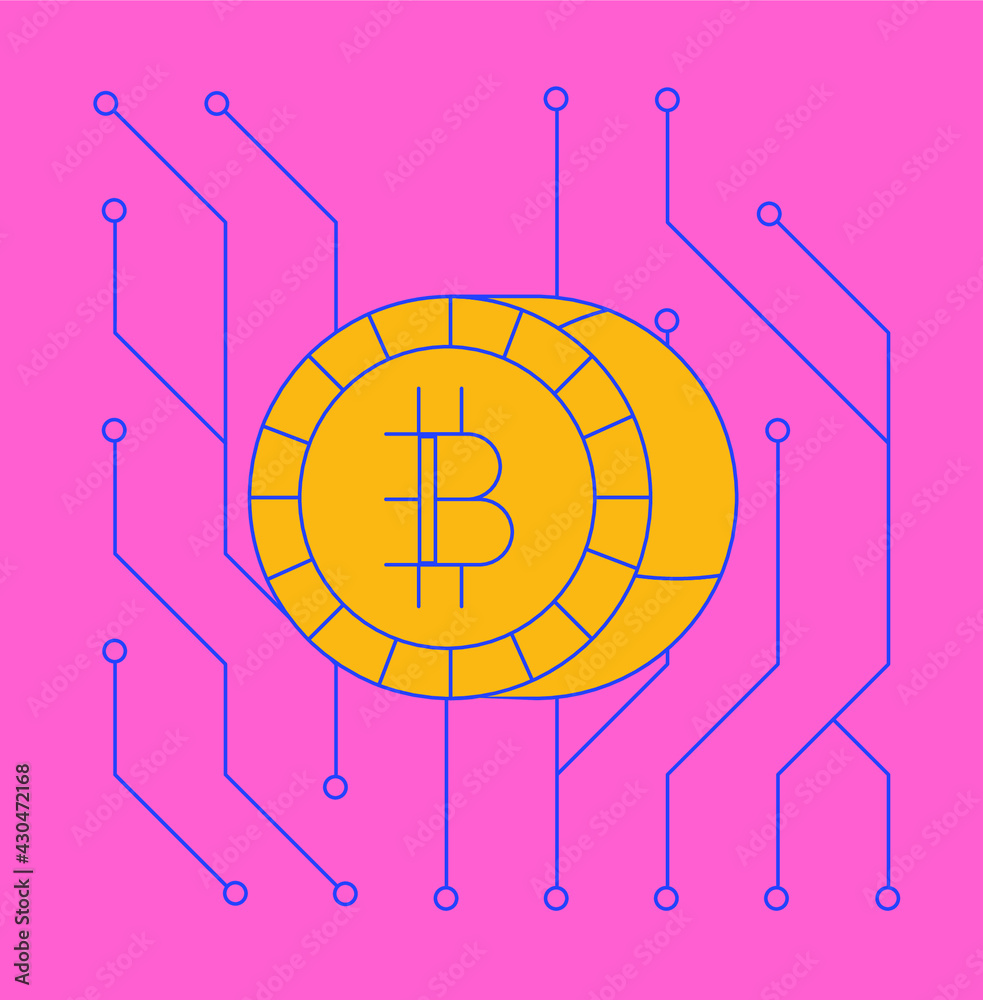 Poster bitcoin coins and electronic scheme in cartoon style.