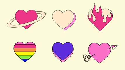 A set of different flat style heart emblems.