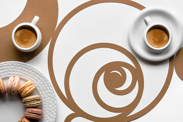 Coffee cups, macarons, Fibonacci sequence circles. Espresso, tasty perfection. Golden ratio...