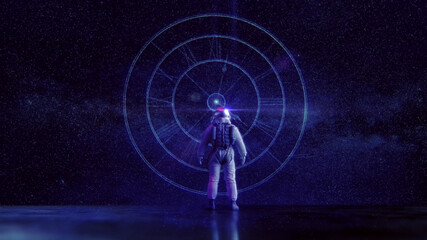 "Mensch, Kosmos, Zeit & Ewigkeit" | Raumzeit Konzept: Astronaut blickt auf kosmische Uhr vor Sternenhimmel | 3D Render Illustration 8K