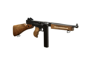 Old American machine gun. Vintage automatic weapon. Armament of the mafia and the army of the...