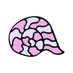Vector illustration of a pink seashell. Hand drawn icon and symbol for print on baby clothes, poster, sticker, card design. Doodle design elements. 