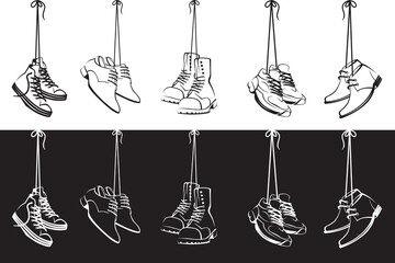 collection of shoes hanging on shoelaces isolated on white and black background - obrazy, fototapety, plakaty
