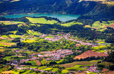 View of Furnas Village in São Miguel Island, Azores, Portugal. View of Furnas a famous village for hotsprings geothermal in São Miguel Island Azores Portugal.