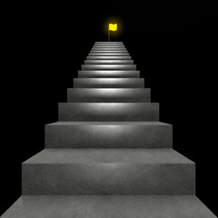 Fototapeta na wymiar The concept of achieving a goal moving up the stairs. Dark uncertainty around. The finale glows at the top. 3d illustration.