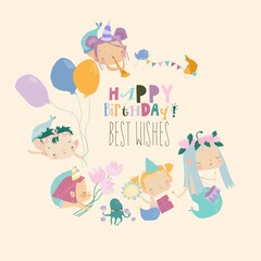 Cartoon Funny Mermaids with Fishes celebrating Birthday