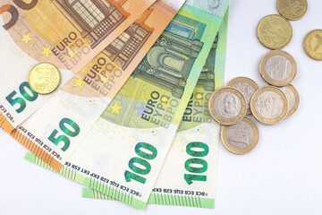 200 Euro and a lot of 100 Euro banknotes. Money background.