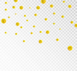 Bitcoin gold coin drops realistically with many coins. Isolated on transparent background.