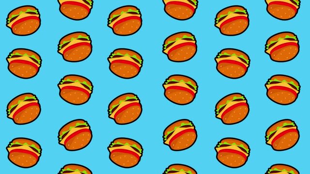 Seamless loop animation of burger image. Cheeseburger blue background. Image of burger. Burger icon seamless background. Blue pattern with burger.