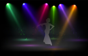 Silhouette Woman Group Dancing Night Club Light Flat Vector Illustration