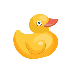 Rubber duck vector flat illustration isolated on white background. Yellow duck toy for children games. Cute little child game for entertainment. Animal or bird icon or symbol design.