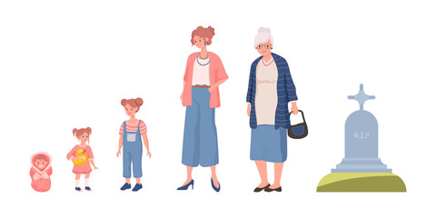 Cycle of woman life vector flat illustration isolated on white background. Female character growing up, aging and die. Woman of different ages, newborn baby, child, teenage girl, adult, and old lady.