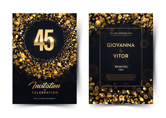 45th years birthday vector black paper luxury invitation double card. Forty five years wedding anniversary celebration brochure. Template of invitational for print dark background with bokeh lights