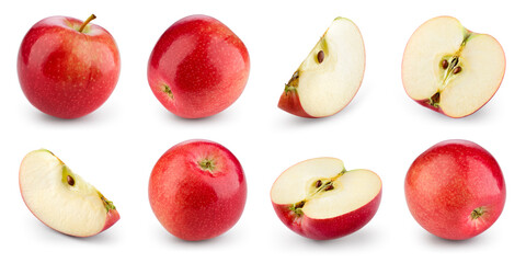 Apple isolated. Red apple on white background. Set of whole, half, slice red apples. Full depth of field. - 430477321