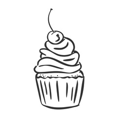 Cupcake with cream cap and cherry. Hand drawn doodle muffin. Icon in linear style.