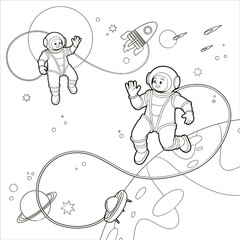 Coloring book: Happy children astronauts greet each other against the backdrop of deep space and planets. Vector illustration, black and white line art, doodle, sketch.