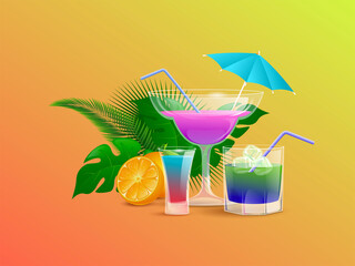 Summer cocktails decorated with half sliced orange and tropical leaves vector cartoon illustration isolated on orange background. Alcohol drinks with straw and ice cubes. Summertime beverages.