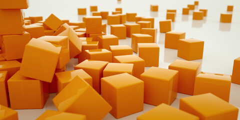 Abstract 3d rendering of chaotic cubes. A poster with random cubes in an empty space. Business concept. Futuristic background. Many flying cubes on a white background. 3d render illustration.	