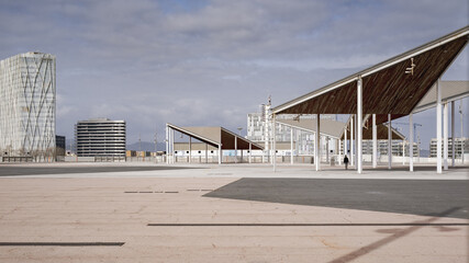 View of the Little Birds, triangular covered structures located on the esplanade of the Forum Park...