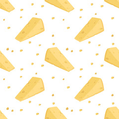 Seamless pattern with cheese and pieces on a white background. Dairy farm product. Cute print for textiles, paper and other designs. A source of vitamins and healthy food