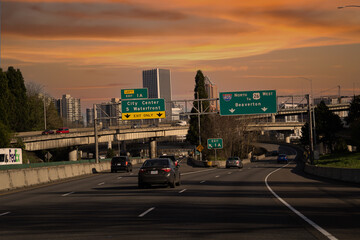 Portland, Oregon - : evening traffic on interstate Highway I-5 approaching Portland from the south...