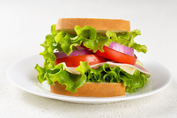Natural sandwich. Sandwich with cheese, ham, lettuce, tomato and red onion.