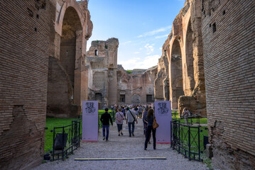 Terme di Caracalla or the Bath of Caracalla springs ruins. View from ground, perspective among...