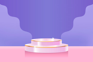Minimalistic stage podium design. Purple modern background. Pink glossy 3D stage podium. Vector illustration. Template for banner, presentation, game, poster, ceremony. 