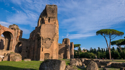 Terme di Caracalla or the Bath of Caracalla springs ruins, view from ground panoramic in Rome -...