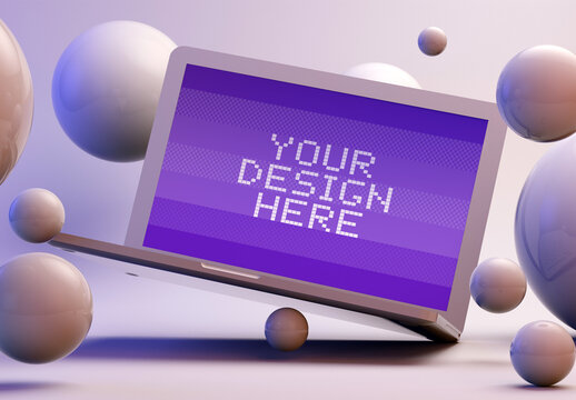 Computer Mockup on a Floating Balls Background