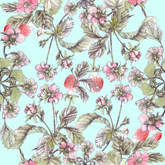 Seamless pattern with hand painted watercolor elements isolated on blue background. Wild strawberry sketch, Branches with pink flowers, berries and leaves. Print for wrapping paper, wedding decoration