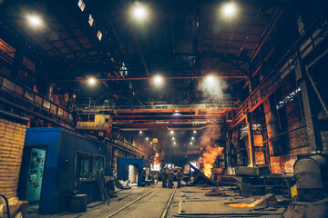 Metallurgical plant workshop production manufacturing building inside interior, heavy industry, steelmaking.