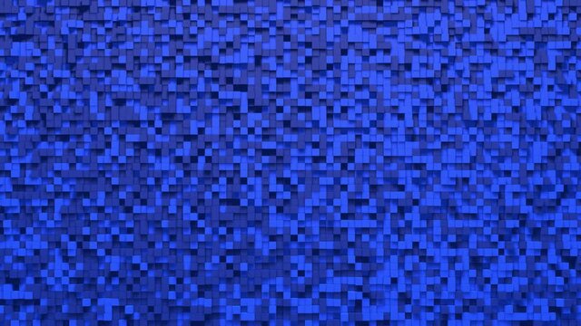 Blue small box cube random geometric background. Abstract square pixel mosaic illustration. Land block background. Fantasy fractal design. Digital art. 3d animation loop of 4K