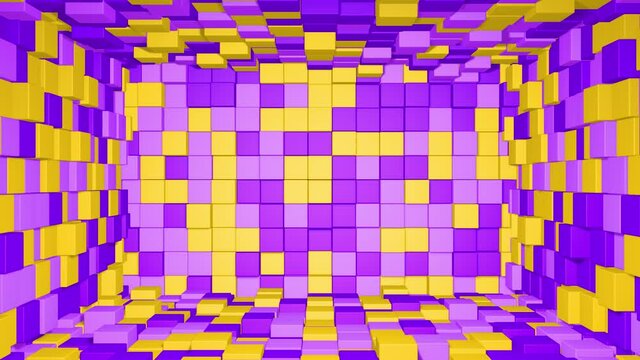 Abstract room interior with yellow purple cubes. Box cube random geometric background. Square pixel mosaic background. Land blocks. Mock-up for your  project. 3d animation loop of 4K
