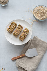 Home made granola bars made with oats and seeds for breakfast.