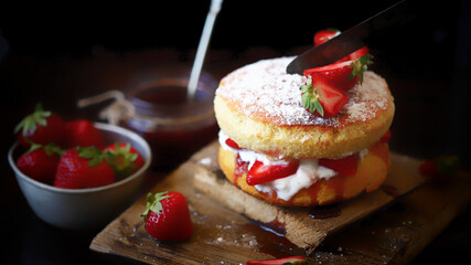 Victoria sponge cake with strawberries on a dark background. World-famous dessert.
