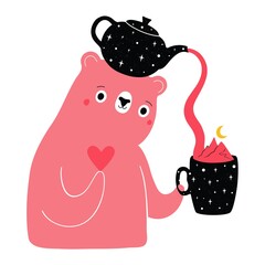 Vector illustration with cute pink bear holding teapot, heart and cup with stars. Mountain landscape with yellow moon. Trendy colored print design with wild animal