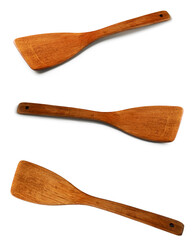 Wooden eco-friendly tableware. Bamboo spatula for cooking in different projections.
